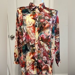 Pretty Little Thing floral button down oversized with angels size 12